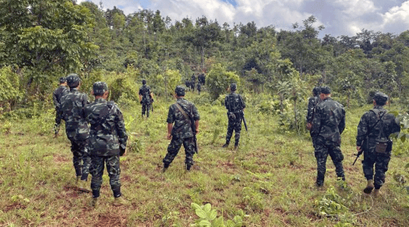 People's Defense Force soldiers patrol a forested area of Loikaw, capital of eastern Myanmar's Kayah state, in an undated photo. Photo courtesy of Loikaw PDF
