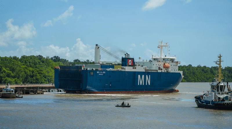 After the custom-built shipping container carrying Webb is unloaded from the MN Colibri, Webb will be transported to its launch site, Europe’s Spaceport in Kourou, French Guiana. Credits: NASA/Chris Gunn