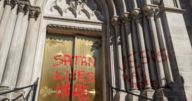 Vandalism on a door of the Cathedral Basilica of the Immaculate Conception in Denver, Colo., Oct. 10, 2021./ Photo courtesy of Fr. Samuel Morehead.