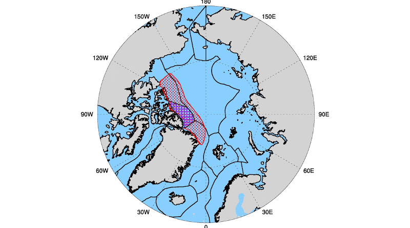 The Arctic Ocean and its projected Last Ice Area (outlined in red), north of Greenland and the Canadian Arctic Archipelago. Purple cross-hatched portion of the Last Ice Area is Canada’s Tuvaijuittuq Marine Protected Area. Black lines delineate exclusive economic zones of the Arctic nations. CREDIT: Adapted from Newton et al., Earth’s Future, 2021