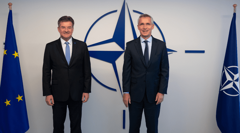 NATO Secretary General Jens Stoltenberg (right) with the EU Special Representative for the Belgrade-Pristina Dialogue and other Western Balkan regional issues Miroslav Lajčák. Photo Credit: NATO