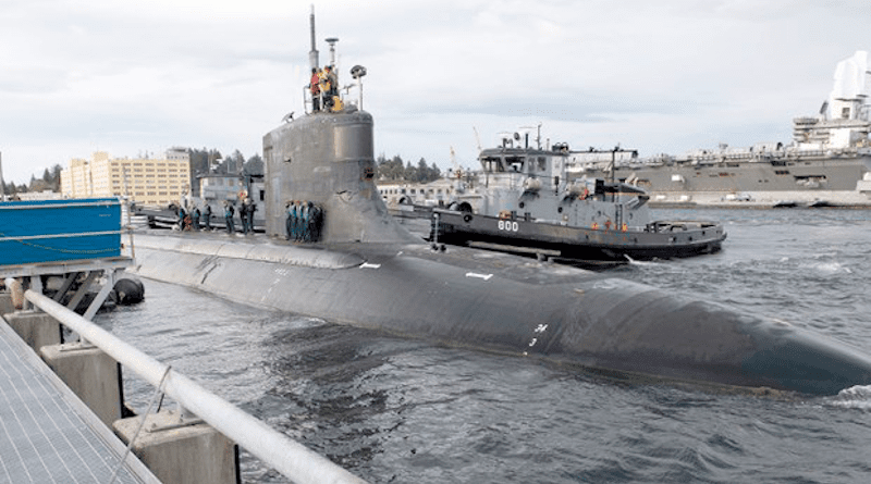 The Seawolf-class fast-attack submarine USS Connecticut (SSN 22) departs Naval Base Kistap-Bremerton for deployment, May 27, 2021. [Handout U.S. Navy]