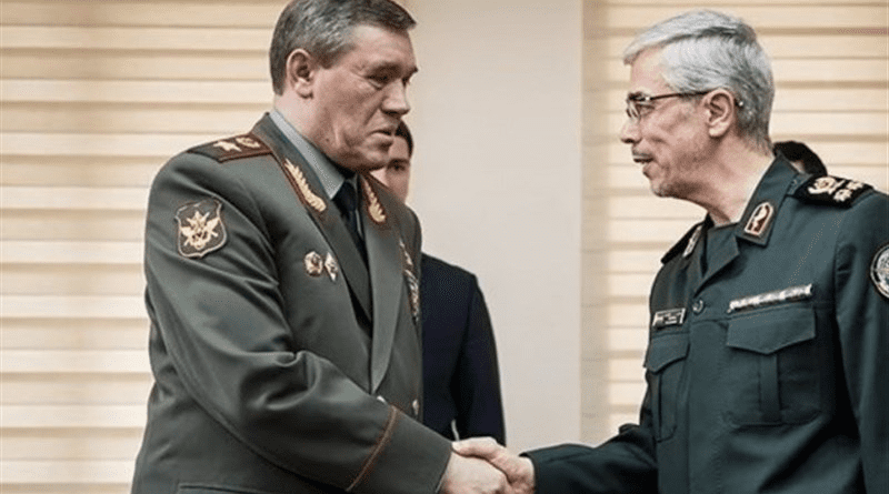 Chief of the General Staff of the Armed Forces of Russia Valery Gerasimov (left) with Chief of Staff of the Iranian Armed Forces Major General Mohammad Hossein Baqeri. Photo Credit: Tasnim News Agency