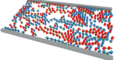 Simulation of a pedestrian counterflow (red and blue particles, with green arrows denoting instantaneous velocity) confined within a hallway (gray boundary), under conditions of weak social distancing. CREDIT: Gerald J. Wang