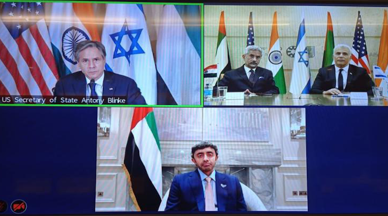 United States Secretary of State Antony Blinken, top left, held a virtual meeting with Israel's Foreign Minister Yair Lapid, left in picture at top right, India's External Affairs Minister S. Jaishankar, seated next to him, and United Arab Emirates Foreign Minister Sheikh Abdullah bin Zayedon Monday, October 18, 2021. (Photo: Twitter)