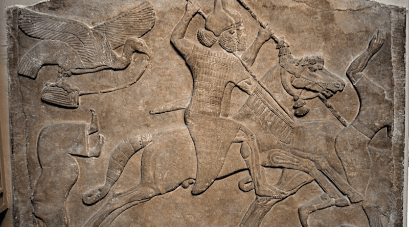 The invention of bit and bridle eventually led to the evolution of armed mounted warriors like the one depicted in an Assyrian relief from 8th century BCE. CREDIT: Created: 5 June 2010 by Ealdgyth britishmuseumassyrianrelieftwohorsemennimrud.jpg