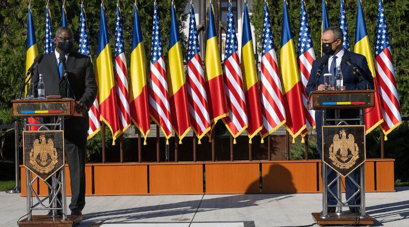 Defense Secretary Lloyd J. Austin III and Romanian Defense Minister Nicolae-Ionel Ciuca answer questions during a joint news conference at the Ministry of Defense, Bucharest, Romania, Oct. 20, 2021. Photo Credit: Chad McNeeley, DOD