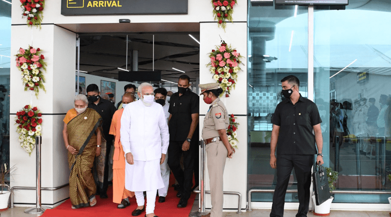 India's Prime Minister Narendra Modi arrives at Kushinagar International Airport, Uttar Pradesh on October 20, 2021. The Governor of Uttar Pradesh, Smt. Anandiben Patel is also seen. Photo Credit: PM India