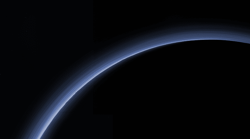 When Pluto passed in front of a star on the night of August 15, 2018, a SwRI-led team of astronomers measured the abundance of Pluto’s atmosphere, shown here in New Horizons 2015 flyby data, as it was briefly backlit by the well-placed star. These data indicate that the surface pressure on Pluto is decreasing and that its nitrogen atmosphere is condensing, forming ice on its surface as the object moves away from the Sun. CREDIT: NASA/JHU-APL/SwRI