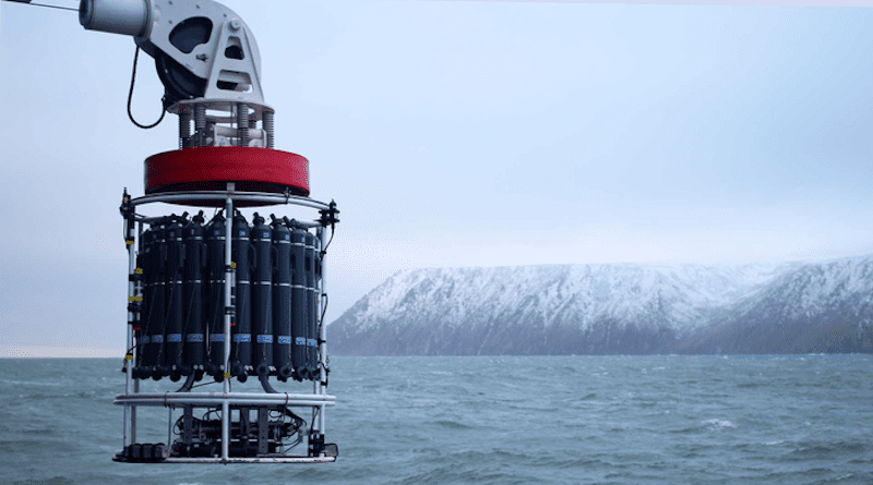 A water sampler known as a conductivity, temperature, depth (CTD) rosette is deployed from the U.S. Coast Guard icebreaker Healy during a 2019 expedition to the Alaskan Arctic Ocean to study the presence of harmful algae and the conditions that promote their growth and spread CREDIT: Photo ©Woods Hole Oceanographic Institution