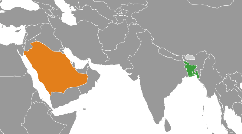 Locations of Bangladesh (green) and Saudi Arabia. Credit: Wikipedia Commons