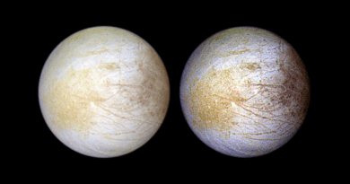 This photograph of the Jovian moon Europa was taken in June 1997 at a range of 776,700 miles by NASA's Galileo spacecraft. Credits: NASA, NASA-JPL, University of Arizona