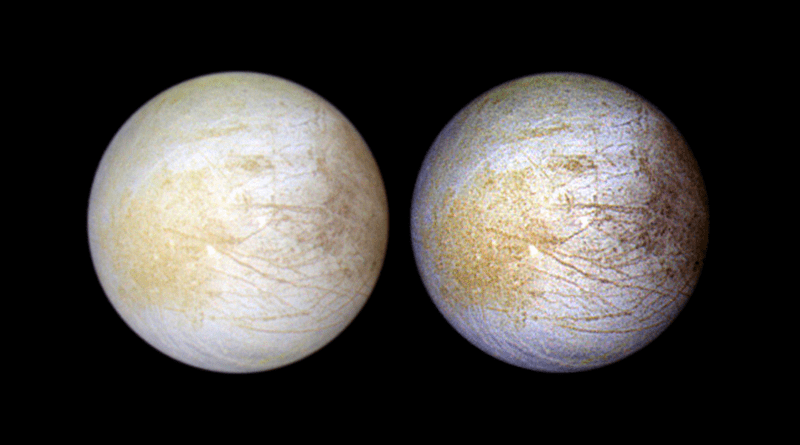 This photograph of the Jovian moon Europa was taken in June 1997 at a range of 776,700 miles by NASA's Galileo spacecraft. Credits: NASA, NASA-JPL, University of Arizona