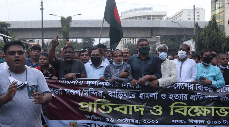 Leaders and members of minority groups march in capital Dhaka on Oct. 16 to demand justice for communal attacks on Hindus in Bangladesh. (Photo supplied)