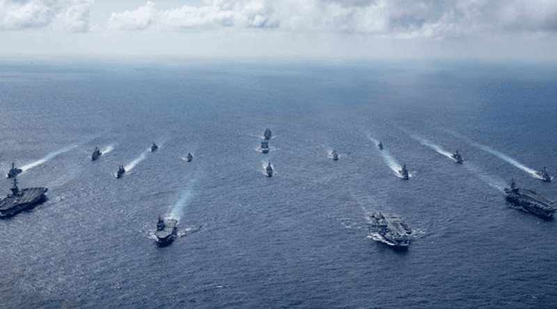 The U.K.’s carrier strike group led by HMS Queen Elizabeth (R 08), and Japan Maritime Self-Defense Forces led by (JMSDF) Hyuga-class helicopter destroyer JS Ise (DDH 182) joined with U.S. Navy carrier strike groups led by flagships USS Ronald Reagan (CVN 76) and USS Carl Vinson (CVN 70) to conduct multiple carrier strike group operations in the Philippine Sea. [Handout U.S. Navy]