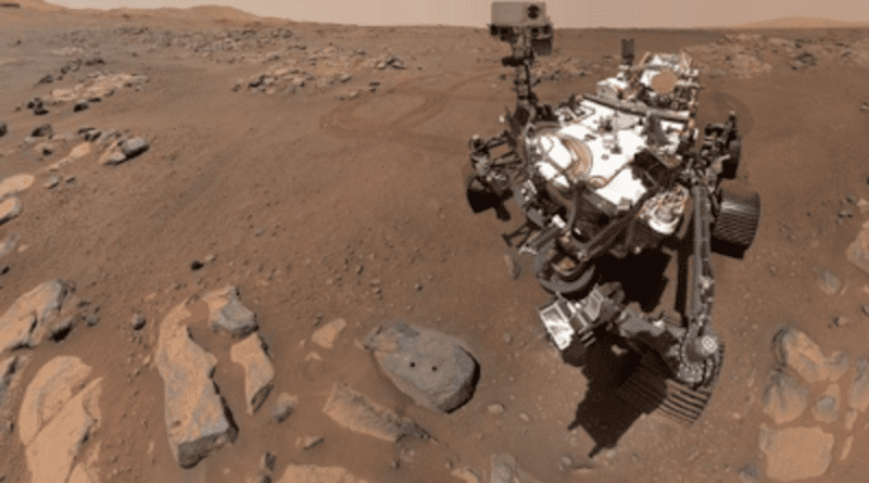 Perseverance rover taking a selfie over the rock it collected two core samples from on Mars. CREDIT: Image credit NASA/JPL-Caltech/MSSS.