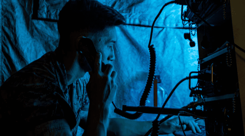 Marine Corps Lance Cpl. Alex Oley, a field radio operator with Charlie Company, 8th Communication Battalion, conducts a radio communication check during Exercise Cyber Fury 21 at Camp Lejeune, N.C., July 26, 2021. Photo Credit: Marine Corps Cpl. Armando Elizalde