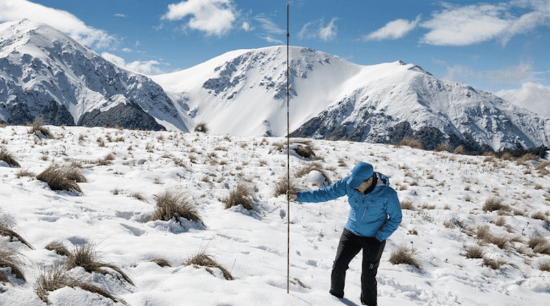 OSU civil engineering professor David Hill checks snowpack depth. CREDIT: Kendra Sharp, OSU