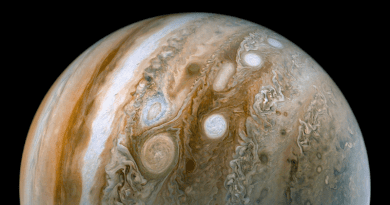 Artist impression based on JunoCam image of Jupiter acquired on July 21, 2021. Enhanced to highlight features, clouds, colours, and the beauty of Jupiter. CREDIT: NASA/SwRI/MSSS/TanyaOleksuik © CC NC SA