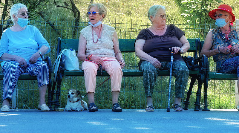 coronavirus covid-19 mask Women Elderly Bench Park Old Women Outdoors