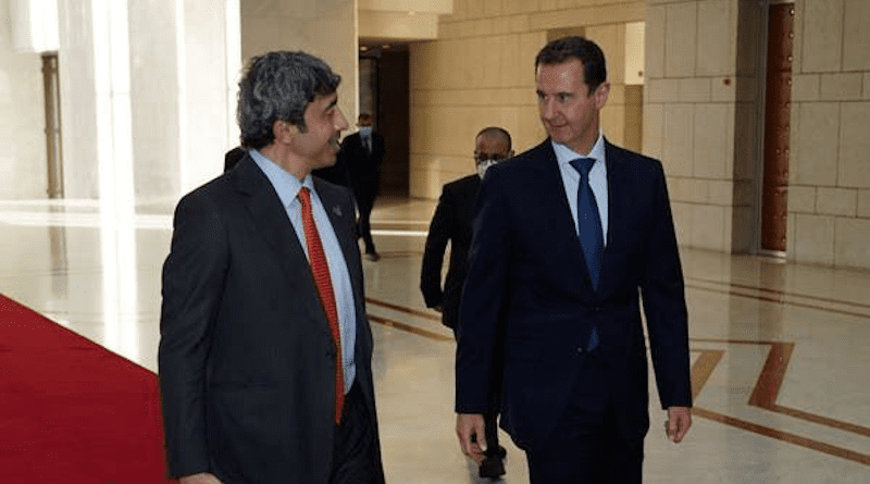 UAE Foreign Minister Sheikh Abdullah bin Zayed with Syria’s President Bashar Assad in Damascus. (SANA)