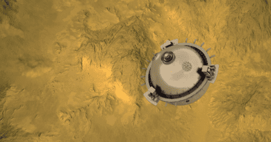 DAVINCI will send a meter-diameter probe to brave the high temperatures and pressures near Venus’ surface to explore the atmosphere from above the clouds to near the surface of a terrain that may have been a past continent. During its final kilometers of free-fall descent (shown here), the probe will capture spectacular images and chemistry measurements of the deepest atmosphere on Venus for the first time. Credits: NASA GSFC visualization by CI Labs Michael Lentz and others