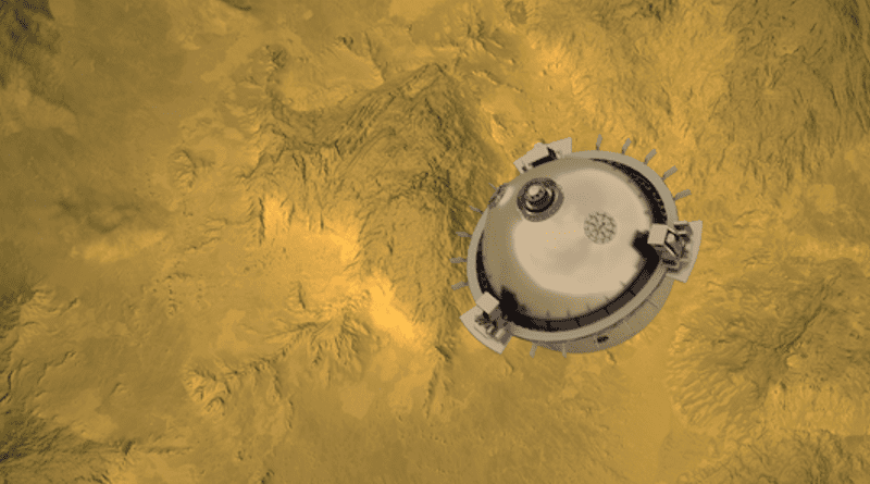 DAVINCI will send a meter-diameter probe to brave the high temperatures and pressures near Venus’ surface to explore the atmosphere from above the clouds to near the surface of a terrain that may have been a past continent. During its final kilometers of free-fall descent (shown here), the probe will capture spectacular images and chemistry measurements of the deepest atmosphere on Venus for the first time. Credits: NASA GSFC visualization by CI Labs Michael Lentz and others