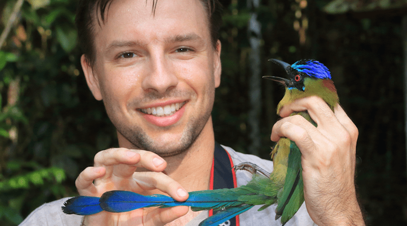 Researcher Vitek Jirinec with an Amazonian Motmot (Momotus momota) CREDIT: Vitek Jirinec