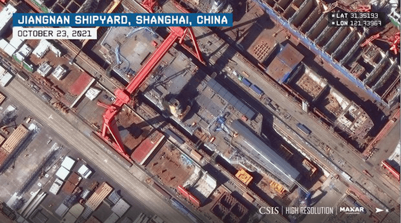 The Type 003 is seen under construction at Jiangnan Shipyard in a satellite image from Oct. 23, 2021. Photo Credit: CSIS