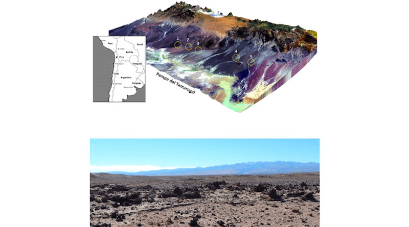 Deposits of dark silicate glass are strewn across a 75-kilometer corridor in the Atacama Desert in northern Chile. New research shows that those glasses were likely formed by the heat of an ancient comet exploding above the surface. CREDIT: P.H. Schultz/Brown University