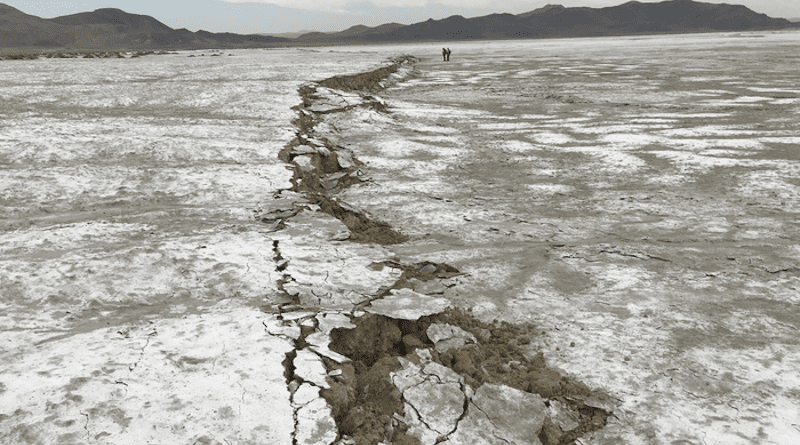 A ruptured fault in Searles Valley, California, after the 2019 Ridgecrest earthquakes. A study of earthquakes led by The University of Texas at Austin found that seismic shockwaves are shaped by jagged faults and the debris wedged between them. CREDIT: Ben Brooks/U.S. Geological Survey