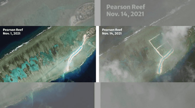 A satellite image from Nov. 14 shows construction of a marina or harbor on the left side of Pearson Reef, the latest indication of building at the Vietnamese-held feature, also pictured on Nov. 1. Image: Planet Labs Inc. Analysis: RFA