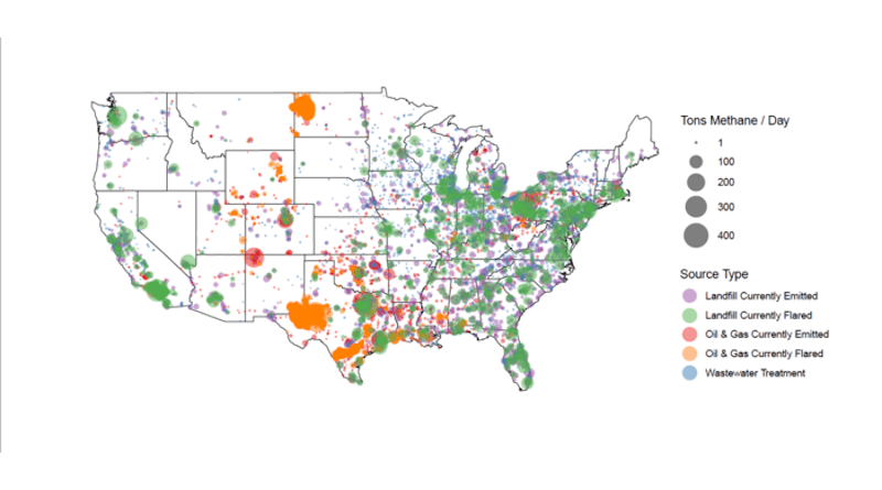 Unused methane emissions in the U.S. from landfills, wastewater treatment plants and oil and gas facilities. CREDIT: Adapted from El Abbadi, et al. / Nature Sustainability