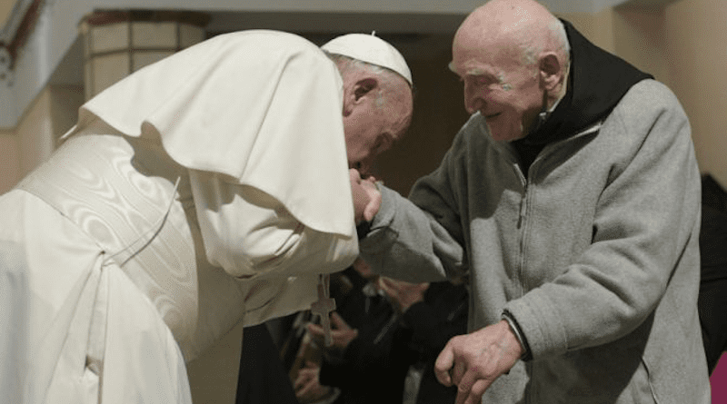 Pope Francis greeted Father Jean Pierre Schumacher in Morocco March 31, 2019. His martyred community was beatified in December 2018. | Vatican Media.