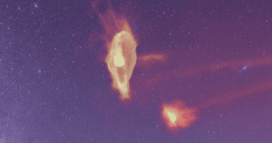 A view of the gas in the Magellanic System as it would appear in the night sky. This image, taken directly from the numerical simulations, has been modified slightly for aesthetics. CREDIT: COLIN LEGG / SCOTT LUCCHINI