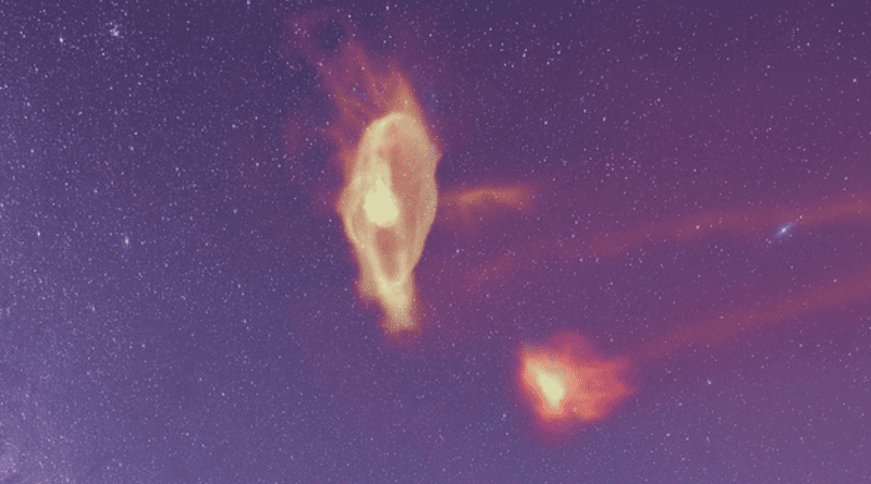 A view of the gas in the Magellanic System as it would appear in the night sky. This image, taken directly from the numerical simulations, has been modified slightly for aesthetics. CREDIT: COLIN LEGG / SCOTT LUCCHINI