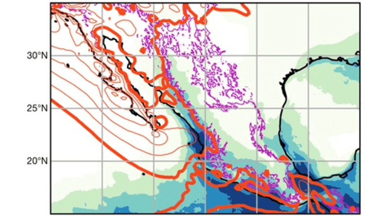 Deflection of the eastward jet stream (orange contours) from the midlatitudes toward the equator, where it produces precipitation (blue shading, units of mm/day) as it then ascends over the Sierra Madre mountain range (outlined by magenta contour). CREDIT: Boos, W. R., and S. Pascale