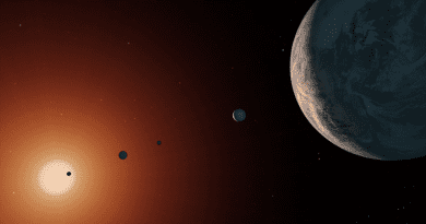 An illustration showing what the TRAPPIST-1 system might look like from a vantage point near planet TRAPPIST-1f (right). CREDIT: NASA/JPL-Caltech