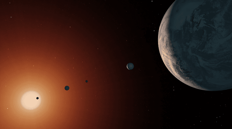 An illustration showing what the TRAPPIST-1 system might look like from a vantage point near planet TRAPPIST-1f (right). CREDIT: NASA/JPL-Caltech