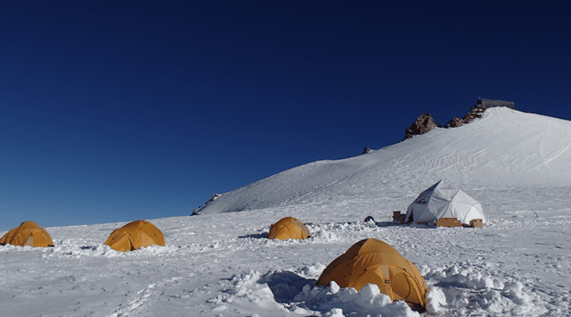 Researchers’ ice core drilling camp on Colle Gnifetti in 2015. Two ice cores extracted from this area preserved a continuous one-thousand-year record of European climate and vegetation. CREDIT: Margit Schwikowski