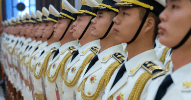Chinese service members stand in formation at the Beijing headquarters of the Chinese army. Photo Credit: Navy Chief Petty Officer Elliott Fabrizio
