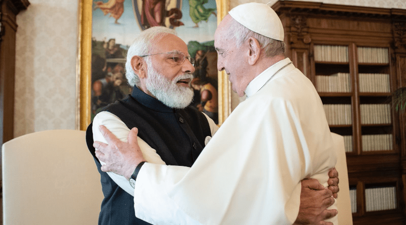 India's Prime Minister Narendra Modi with Pope Francis at the Vatican. Photo Credit: India PM Office