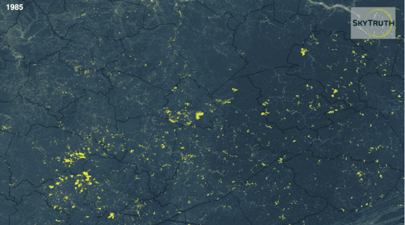 Satellite imagery shows the growth in mountaintop removal mines in the study area between 1985-2015 CREDIT: Image provided by SkyTruth (c) 2021