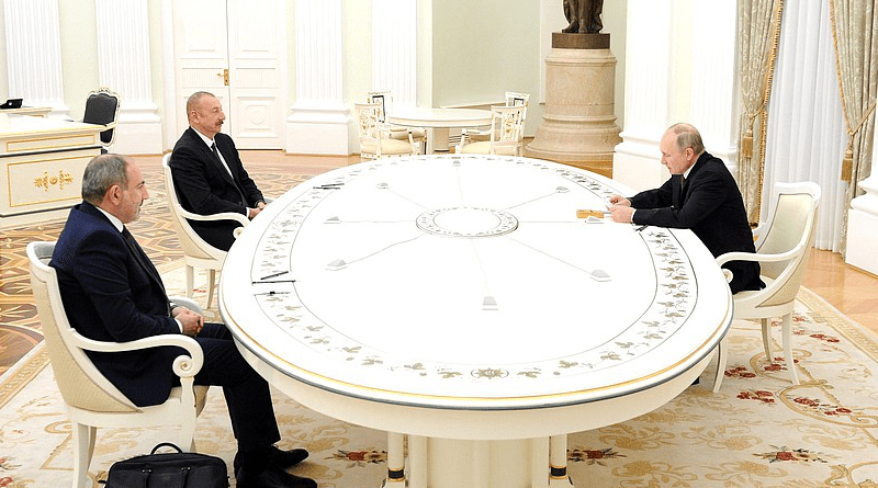 File photo of Russia's President Vladimir Putin with President of Azerbaijan Ilham Aliyev and Prime Minister of Armenia Nikol Pashinyan. Photo Credit: Kremlin.ruFile photo of Russia's President Vladimir Putin with President of Azerbaijan Ilham Aliyev and Prime Minister of Armenia Nikol Pashinyan. Photo Credit: Kremlin.ru