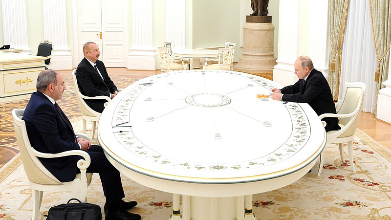 File photo of Russia's President Vladimir Putin with President of Azerbaijan Ilham Aliyev and Prime Minister of Armenia Nikol Pashinyan. Photo Credit: Kremlin.ruFile photo of Russia's President Vladimir Putin with President of Azerbaijan Ilham Aliyev and Prime Minister of Armenia Nikol Pashinyan. Photo Credit: Kremlin.ru