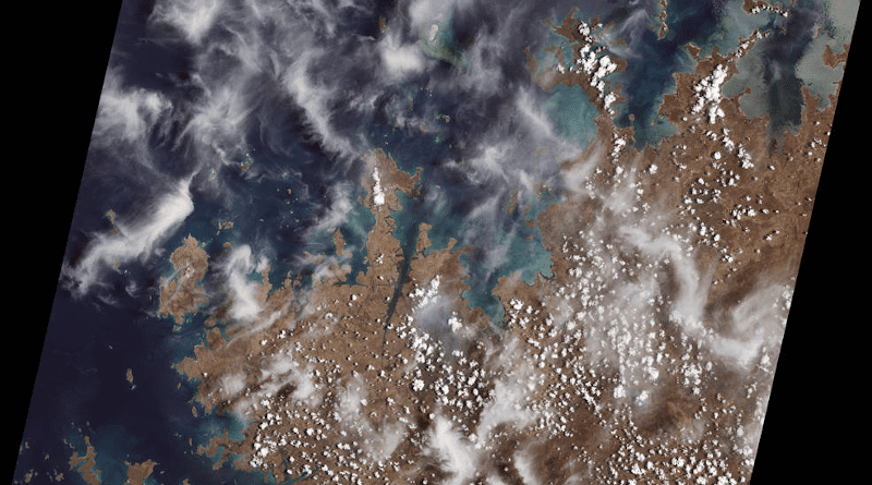 Mangroves are prominent along the northwest coast of Australia. The first image collected by Landsat 9, on Oct. 31, 2021, shows mangroves clustered in protected inlets and bays on the edge of the Indian Ocean. Fluffy cumulus clouds and high-altitude cirrus clouds hover nearby. The aqua colors of the shallow near-shore waters give way to the deep, dark blues of the ocean. Credits: NASA