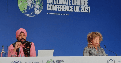 Harjeet Singh, senior advisor at Climate Action Network International, and Catherine Abreu, founder and executive director at non-profit Destination Zero, at COP26 on Wednesday, 3 November.