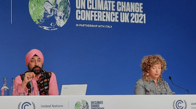 Harjeet Singh, senior advisor at Climate Action Network International, and Catherine Abreu, founder and executive director at non-profit Destination Zero, at COP26 on Wednesday, 3 November.