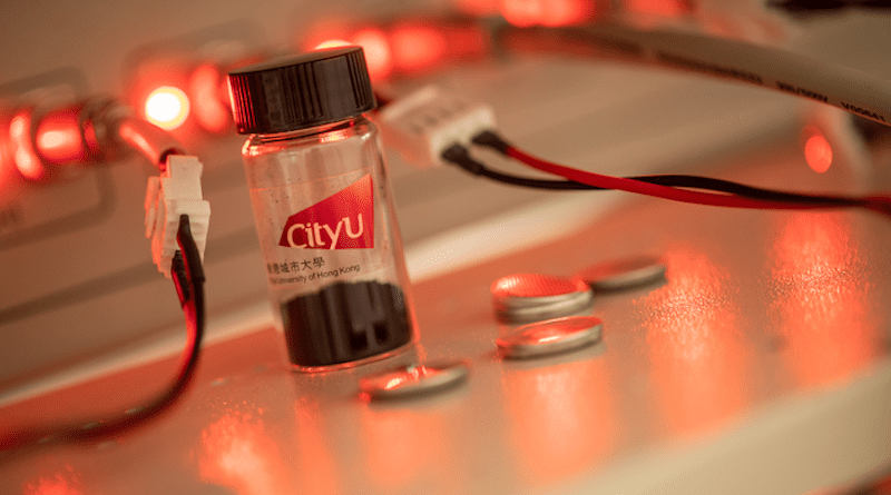 Professor Zhi Chunyi from City University of Hong Kong and his team developed battery-like electrochemical Nb2CTx MXene electrodes, the black material inside the bottle. The silver “buttons” next to the bottle are batteries and at the back is the battery testing system. CREDIT: City University of Hong Kong
