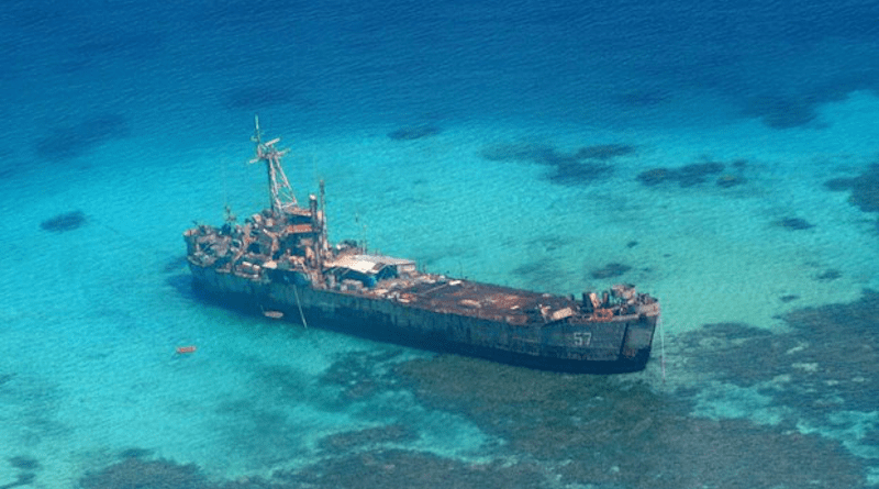 The BRP Sierra Madre, a grounded and rusting World War II-era ship that serves as an outpost for the Philippines, is seen from an aircraft flying above the disputed Second Thomas Shoal in the South China Sea, March 29, 2014. Jason Gutierrez/BenarNews